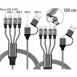 Callstel 2er-Set 8in1-Lade- & Datenkabel USB-C/A zu C/Micro-USB/Lightning, 1 m Callstel Multi-USB-Kabel für USB A und C, Micro-USB und 8-PIN