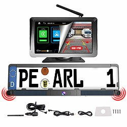 Lescars Kabelloses Solar-Funk-Rückfahrkamera-Set, CarPlay-/Android-Auto-komp. Lescars Solar-Funk-Rückfahrkameras, Abstandswarner, Monitor, CarPlay- & Android-Auto-kompatibel, Bluetooth 