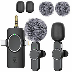 Callstel 2er-Set Ansteck-Funk-Mikrofone, Akku, für USB-C, 8-PIN, 3,5-mm-Klinke Callstel 2,4-GHz-Funkmikrofon-Sets mit Empfänger für USB-C-Anschluss