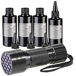AGT 4er-Set UV-Resin, kristallklar, vorgemischt, 4x 50 g, inkl. UV-Lampe AGT UV-Resins mit UV-Taschenlampe 