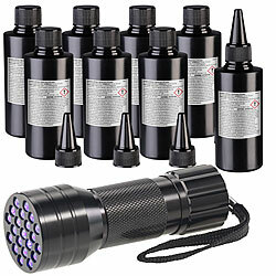 AGT 8er-Set UV-Resin, kristallklar, vorgemischt, 8x 50 g, inkl. UV-Lampe AGT UV-Resins mit UV-Taschenlampe 