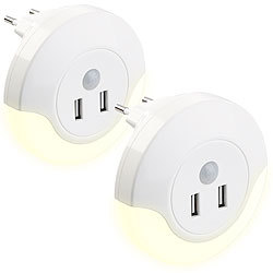 Luminea 2 LED-Steckdosen-Nachtlichter, PIR- und Lichtsensor, 2x USB (10 Watt) Luminea LED-Steckdosen-Nachtlichter mit PIR-/Lichtsensoren und USB-Ladeports