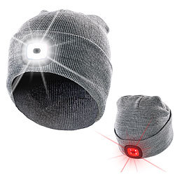 Lunartec Graue Strickmütze mit weißen (vorne) & roten (hinten) LEDs Lunartec Strickmützen mit Front- und Rücklicht