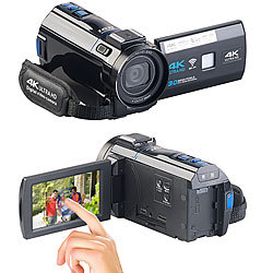 Somikon 4K-UHD-Camcorder mit Panasonic-Sensor, WLAN, App, HD mit 120 B/Sek. Somikon 4K-UHD-Camcorder mit Touch-Screen und App-Steuerung