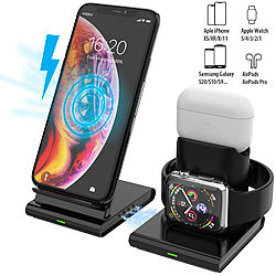 Callstel 3in1-Induktions-Ladestation für Smartphone, Apple Watch & AirPods, 10W Callstel Qi-kompatible 3in1-Ladestationen für Smartphone, Apple Watch & AirPods