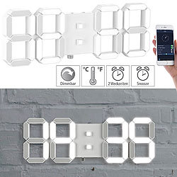 Lunartec Dimmbare LED-Tisch- & Wanduhr, Temperatur-Anzeige, Wecker, App, 37 cm Lunartec 3D-LED-Wand- und Tischuhren mit Wecker, Temperatur-Anzeige und App