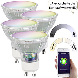 Luminea Home Control 4er-Set WLAN-RGB/CCT-Glas-Lampen, GU10, für Siri, Alexa & GA, 4,5 W Luminea Home Control WLAN-LED-Lampen GU10 RGBW