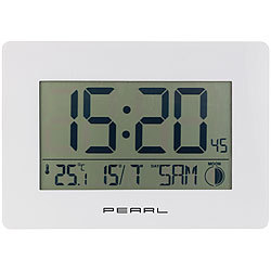 PEARL Funk-Wanduhr mit Jumbo-Uhrzeit, Temperatur- & Datums-Anzeige, weiß PEARL Digitale LCD-Funk-Wanduhren mit Wecker, Datum & Temperatur