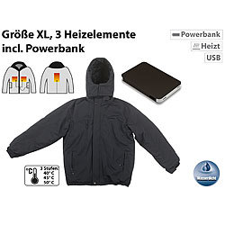 PEARL urban Beheizbare Outdoor-Jacke mit Powerbank (8.000 mAh), Größe XL PEARL urban Akku-beheizbare Jacken