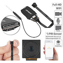 Somikon Full-HD-Micro-Einbaukamera mit Bewegungserkennung, WLAN & App Somikon Mobile WiFi Full-HD-Micro-Videokameras zum Einbau, mit Mikrofon & App