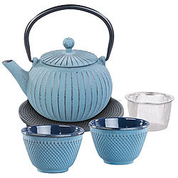 Rosenstein & Söhne Asiatische Teekanne, Untersetzer und 2 Becher aus Gusseisen, blau Rosenstein & Söhne Tee-Service aus Gusseisen