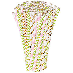 PEARL 100 Papier-Trinkhalme, Retro-Motive in gold, grün, rosa, 197 x 6 mm PEARL Papier-Trinkhalme