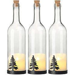 Lunartec 3er-Set Deko-Glasflasche, LED-Kerze & bewegliche Flamme, Tannen-Motiv Lunartec Winter-Deko-Glasflaschen mit LED-Echtwachskerzen