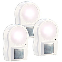 Lunartec 3er-Set LED-Leuchten mit Bewegungs- & Dämmerungsensor, Batteriebetrieb Lunartec Batterie-Wandleuchten mit Bewegungsmelder & Dämmerungssensoren