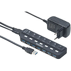Xystec Aktiver USB-3.0-Hub mit 7 Ports, einzeln schaltbar, 2-A-Netzteil Xystec