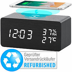 infactory 2in1-LED-Wecker & Qi-kompatible Ladestation Versandrückläufer infactory LED-Wecker mit Qi-kompatibler Ladefunktion, Thermometer, Hygrometer