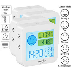 infactory 4er-Set TVOC- & CO2-Messgeräte mit Uhr, Temperatur, Luftfeuchtigkeit infactory TVOC-Messgerät mit Anzeige von CO2, Uhrzeit, Temperatur und Luftfeuchtigkeit