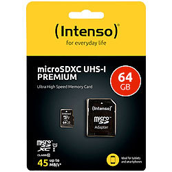 Intenso microSDXC-Speicherkarte UHS-I Premium 64 GB, bis 40 MB/s, Class 10/U1 Intenso microSD-Speicherkarten UHS U1