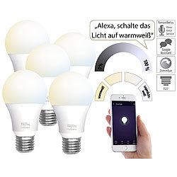 Luminea Home Control 5er-Set WLAN-LED-Lampen, E27, 806lm, für Alexa & Google Assistant, CCT Luminea Home Control WLAN-LED-Lampen E27 weiß