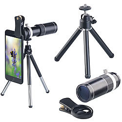 Somikon Vorsatz-Tele-Objektiv 20x für Smartphones, Aluminium-Gehäuse & Stativ Somikon Vorsatz-Tele-Objektiv mit Smartphone-Stativ