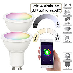 Luminea Home Control 2er-Set WLAN-LED-Spots, GU10, RGB-CCT, 4,5 Watt, F, 350 lm, 100°, App Luminea Home Control WLAN-LED-Lampen GU10 RGBW
