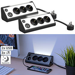 revolt 2er-Set 3-fach-Eck-Steckdosenleiste mit 2 USB-Lade-Ports & Nachtlicht revolt Steckdosenleisten zur Eckmontage mit 2 USB-Ports und LED-Licht