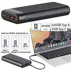 revolt Kompakte USB-Powerbank mit 20.000 mAh, USB-C PD, QC 3.0, 3 A, 65 W revolt