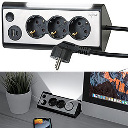 revolt 3-fach-Steckdose mit LED-Nachtlicht, 1x USB A QC, 1x USB C PD, schwarz revolt Steckdosenleisten zur Eckmontage mit 2 USB-Ports und LED-Licht