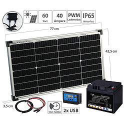 revolt 60-Watt-Solarpanel mit PWM-Laderegler und Blei-Akku, 480 Wh, 30 A revolt Solaranlage-Sets: Solarmodul mit Akku und PWM-Laderegler