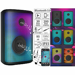 auvisio Mobile Outdoor-PA-Partyanlage & -Bluetooth-Boombox, Lichteffekte, 200W auvisio Mobile Outdoor-Party-Audioanlagen mit Karaoke-Funktion und Akku