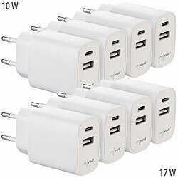revolt 8er-Set 2-Port-USB-Netzteile, USB-A & USB-C, 4x 10 Watt, 4x 17 Watt revolt 