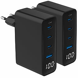 revolt 2er-Set 4-Port-USB-Netzteile, Display, 3x USB-C PD 100W, USB-A QC 30W revolt USB-Wandnetzteile mit USB-A und USB-C, PD und QC
