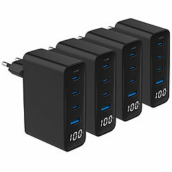 revolt 4er-Set 4-Port-USB-Netzteile, Display, 3x USB-C PD 100W, USB-A QC 30W revolt USB-Wandnetzteile mit USB-A und USB-C, PD und QC