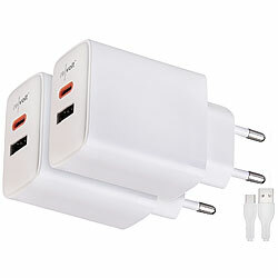 revolt 2er-Set 2-Port-USB-Netzteile, USB-C PD 65 W, USB-A QC 18 W, GaN revolt USB-Wandnetzteile mit USB-A und USB-C, PD und QC