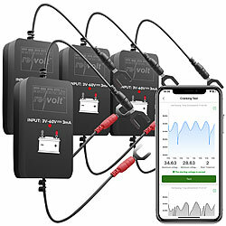 Lescars 4er-Set Kfz-Batterie-Wächter mit BT, App, für Batt. mit 6 - 48 Volt - Lescars Bluetooth Batterietester & -Wächter für KFz- & Solar-Batterien