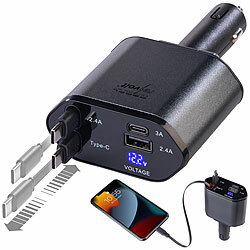 revolt 4in1-Kfz-USB-Ladegerät, USB-C & USB-A, 2 ausziehbare USB-C-Kabel, 66 W revolt Kfz-USB-Ladegeräte mit USB-C/A und ausziehbaren USB-C-Kabeln 