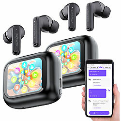 auvisio 2er-Set KI-Echtzeitzeitübersetzer & In-Ear-Kopfhörer, 135 Sprachen,ANC auvisio KI-Echtzeitzeitübersetzer & In-Ear-Kopfhörer in Lade-Etui mit Touch-Display, ANC, App