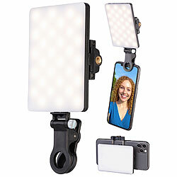 Somikon Selfie-Akku-Licht mit 60 dimmbaren LEDs und Clip, CCT, 250 lx Somikon Selfie-Lichter mit CCT-LEDs, Akku und Klemmhalterung
