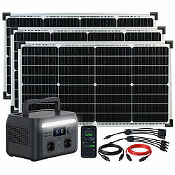 revolt Tragbare Powerstation & Solargenerator 512 Wh, USV, App, 3x 60-W-Panel revolt 2in1-Solar-Generator & Powerbank mit Notstrom-Funktion und externer Solarzelle