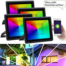 Luminea Home Control 4er-Set WLAN-Fluter, RGB-CCT-LEDs, App, 3.750 lm, 50 W, IP65 Luminea Home Control Wetterfeste WLAN-Fluter mit RGB-CCT-LEDs, App-Steuerung
