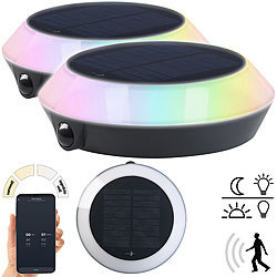 Lunartec 2er-Set Solar-Outdoor-Leuchte, RGB-CCT-LEDs, PIR, Bluetooth, App, 90lm Lunartec