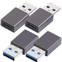 PEARL 4er-Set Adapter USB-Typ-A-Stecker auf USB-C-Buchse, Aluminiumgehäuse PEARL