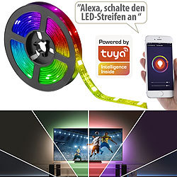 Luminea Home Control USB-RGB-LED-Streifen mit WLAN, App und Sprachsteuerung, 2 m Luminea Home Control WLAN-RGB-LED-Lichtstreifen mit App und Sprachsteuerung
