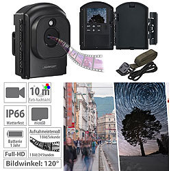 Somikon Full-HD-Zeitraffer-Kamera, 1080p, 1 Jahr Laufzeit, Stativ, 120°, IP66 Somikon Batteriebetriebene Zeitraffer-Outdoor-Kameras mit Full HD