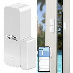 Luminea Home Control 5er-Set ZigBee-Tür- & Fensteralarm, für Alexa, GA und Siri, App Luminea Home Control ZigBee-Tür- und Fensteralarme mit App