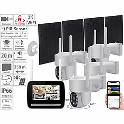 VisorTech Funk-Überwachungs-Set: Monitor-Rekorder mit 4x 2K-PT-Solar-Kamera, App VisorTech Funk-Überwachungsrekorder mit Solar-Akku-Kameras und App