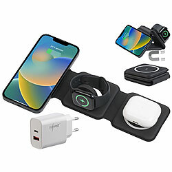 Callstel 3in1-Ladestation für iPhone/AirPods/Apple Watch + 2-Port-USB-Netzteil Callstel Faltbare Qi-kompatible 3in1-Ladestationen für Smartphone, Apple Watch & AirPods