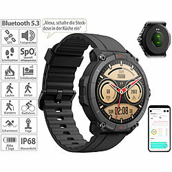 newgen medicals GPS-Fitness-Uhr mit Full-Touch-Glas-Display, Freisprechen, SpO2 newgen medicals Fitness-Uhren mit GPS, Freisprech-Funktion, Herzfrequenz- und SpO2-Anzeige, Alexa-kompatibel