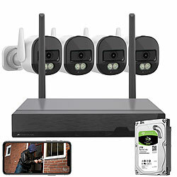 VisorTech Plug-&-Play-Überwachungssystem mit 4 Kameras + 2TB SATA HDD, WLAN 6 VisorTech Netzwerk-Überwachungssysteme mit Rekorder, Kamera, Personenerkennung und App