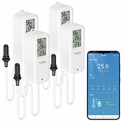 Luminea Home Control 4er-Set WLAN-Temperatur-/Luftfeuchtigkeitsmesser, innen/außen, App Luminea Home Control WLAN-Temperatur-/Luftfeuchtigkeitsmesser mit Innen- und Außensensor, App und Sprachsteuerung